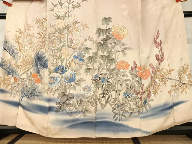 平和屋着物●アンティーク　大正ロマン　訪問着　手描き　刺繍　枝花文　暈し染め　正絹　逸品　AAAV7476zg 平和屋着物○アンティーク 大正ロマン 訪問着 手描き 刺繍 枝花文 暈し