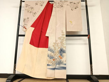 平和屋着物●アンティーク 大正ロマン 訪問着 手描き 刺繍 枝花文 暈し染め 正絹 逸品 AAAV7476zg