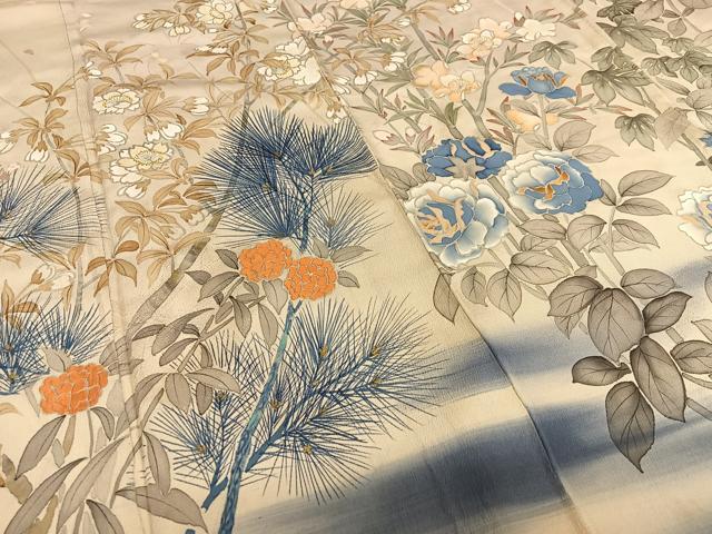 平和屋着物●アンティーク 大正ロマン 訪問着 手描き 刺繍 枝花文 暈し染め 正絹 逸品 AAAV7476zg
