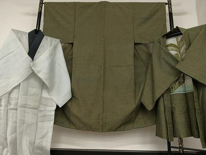 平和屋着物▽男性 結城紬 杢 アンサンブル 長襦袢(単衣)セット 霞文 正絹 逸品 AAAV7481zg