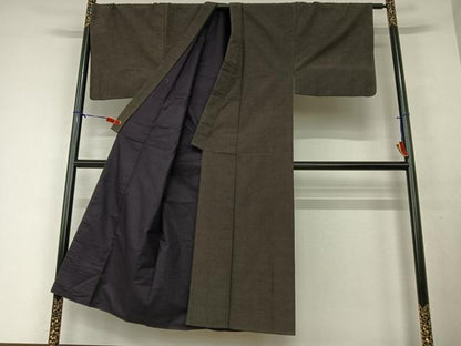 平和屋着物●男性　紬　アンサンブル　色無地　黒鳶色　正絹　逸品　AAAV7482zg