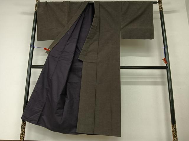 平和屋着物●男性　紬　アンサンブル　色無地　黒鳶色　正絹　逸品　AAAV7482zg