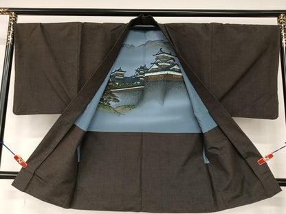 平和屋着物●男性　紬　アンサンブル　色無地　黒鳶色　正絹　逸品　AAAV7482zg
