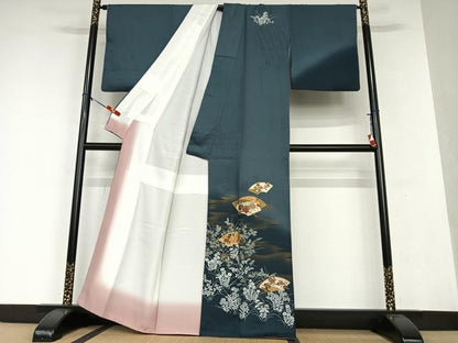平和屋着物●訪問着 地紙重ね枝梅花文 暈し染め 金彩 丹後縮緬 反端付き 正絹 逸品 AAAV7501zg