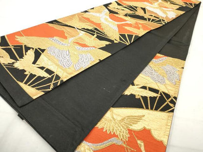 平和屋着物◎六通柄袋帯 飛鶴文 黒地 金銀糸 正絹 逸品 AAAV7586sg