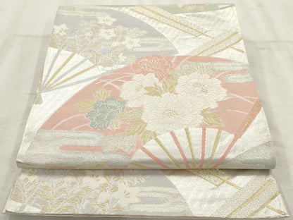 平和屋着物◎六通柄袋帯　唐織　扇面花文　金銀糸　正絹　逸品　AAAV7594sg