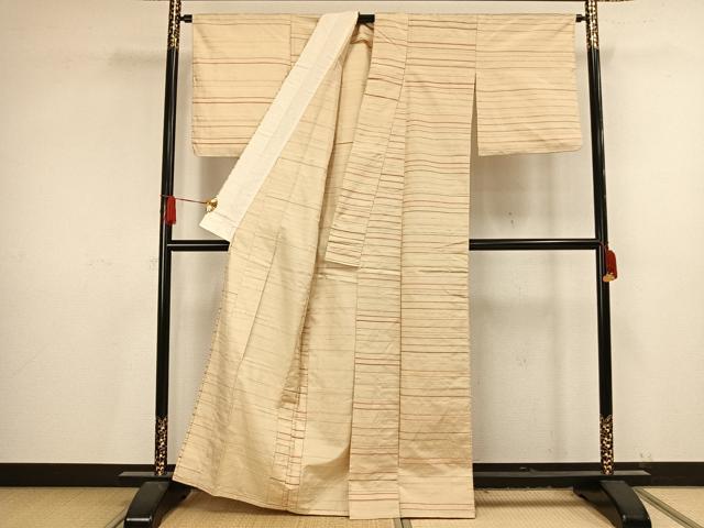 平和屋着物▽上質な紬 単衣 横縞 正絹 逸品 AAAV8321fy