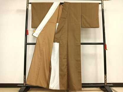 平和屋着物▽上質な紬　単衣　縞　正絹　逸品　AAAV8330fy