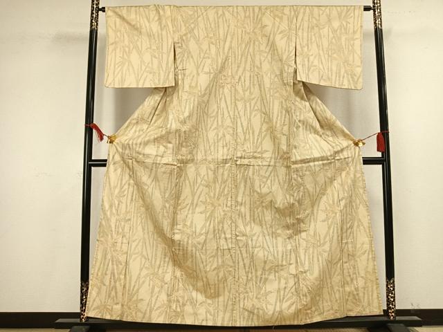 平和屋着物▽上質な紬 単衣 笹葉文 正絹 逸品 AAAV8334fy