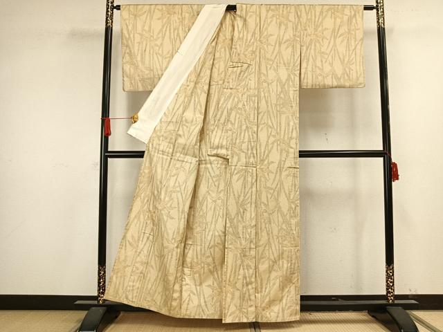 平和屋着物▽上質な紬 単衣 笹葉文 正絹 逸品 AAAV8334fy