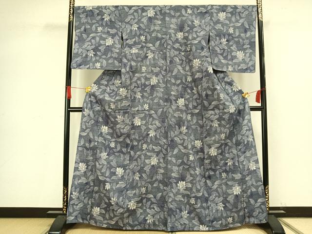 平和屋着物▽小千谷紬 単衣 草花文 正絹 逸品 AAAV8335fy