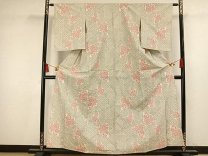 平和屋着物▽お召 単衣 切り嵌め草花文 正絹 逸品 AAAV8338fy