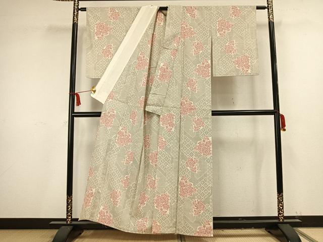 平和屋着物▽お召 単衣 切り嵌め草花文 正絹 逸品 AAAV8338fy