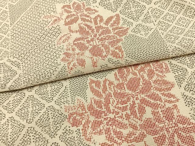 平和屋着物▽お召 単衣 切り嵌め草花文 正絹 逸品 AAAV8338fy