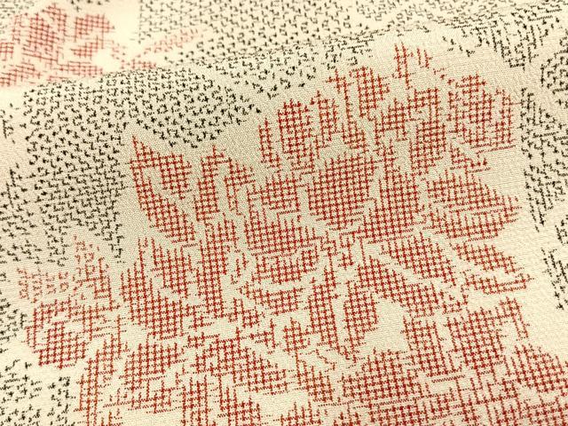 平和屋着物▽お召 単衣 切り嵌め草花文 正絹 逸品 AAAV8338fy