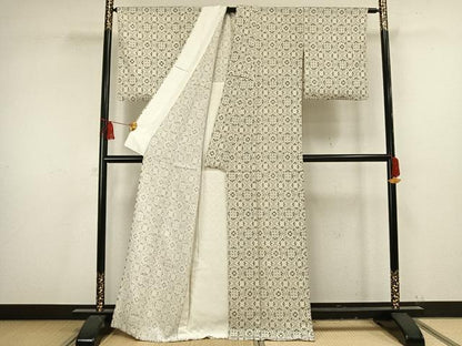 平和屋着物▽上質な小紋 単衣 花亀甲文 丹後ちりめん 反端付き 正絹 逸品 AAAV8339fy