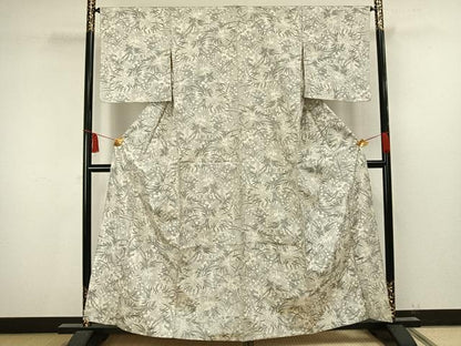 平和屋着物▽上質な紬　単衣　草花文　正絹　逸品　AAAV8340fy