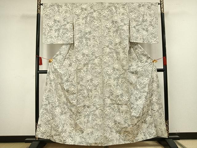 平和屋着物▽上質な紬　単衣　草花文　正絹　逸品　AAAV8340fy