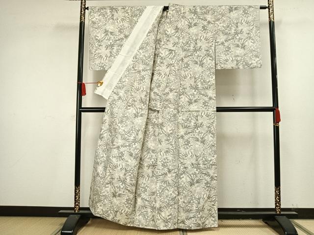 平和屋着物▽上質な紬　単衣　草花文　正絹　逸品　AAAV8340fy