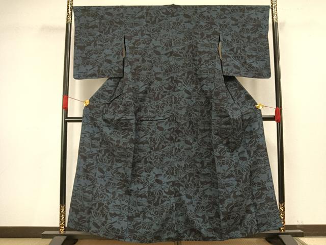 平和屋着物▽結城紬 単衣 草花文 正絹 逸品 AAAV8343fy