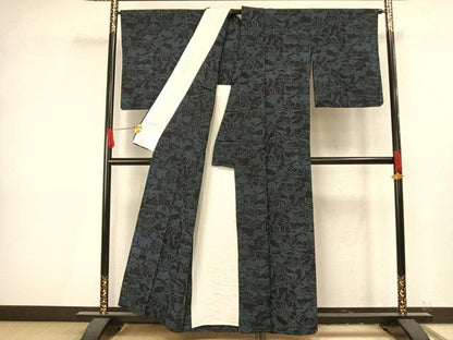 平和屋着物▽結城紬 単衣 草花文 正絹 逸品 AAAV8343fy