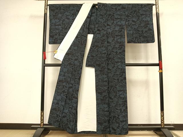 平和屋着物▽結城紬 単衣 草花文 正絹 逸品 AAAV8343fy