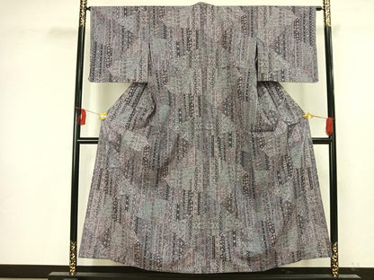 平和屋着物▽上質な紬 単衣 切り嵌め花文 正絹 逸品 AAAV8351fy