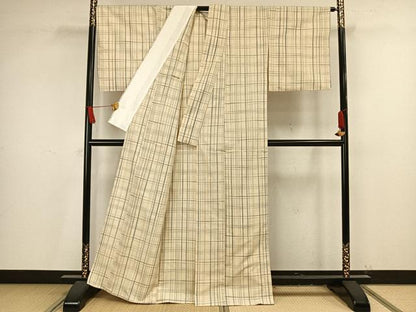 平和屋着物▽上質な紬 単衣 格子 正絹 逸品 未使用 AAAV8355fy