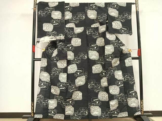 平和屋着物▽小千谷紬 単衣 色紙風景文 黒地 証紙付き 正絹 逸品 AAAV8359fy