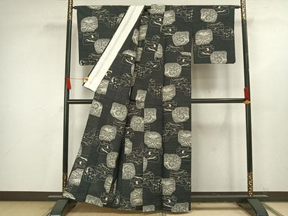 平和屋着物▽小千谷紬 単衣 色紙風景文 黒地 証紙付き 正絹 逸品 AAAV8359fy