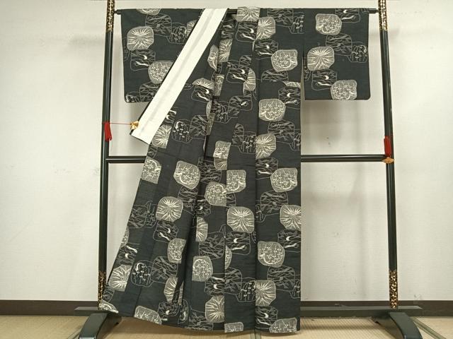 平和屋着物▽小千谷紬 単衣 色紙風景文 黒地 証紙付き 正絹 逸品 AAAV8359fy