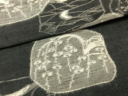 平和屋着物▽小千谷紬 単衣 色紙風景文 黒地 証紙付き 正絹 逸品 AAAV8359fy
