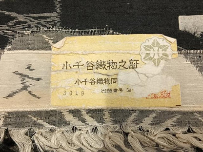 平和屋着物▽小千谷紬 単衣 色紙風景文 黒地 証紙付き 正絹 逸品 AAAV8359fy