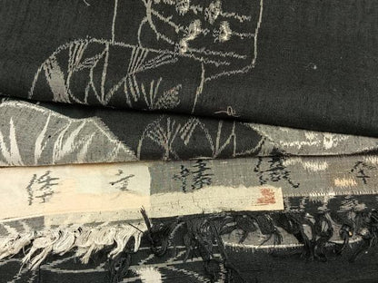 平和屋着物▽小千谷紬 単衣 色紙風景文 黒地 証紙付き 正絹 逸品 AAAV8359fy