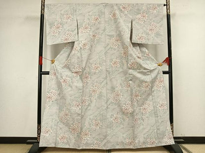 平和屋着物▽上質な紬 単衣 草花文 正絹 逸品 AAAV8360fy