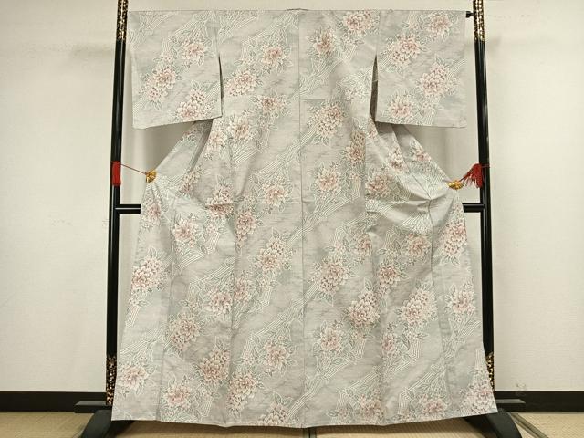 平和屋着物▽上質な紬 単衣 草花文 正絹 逸品 AAAV8360fy
