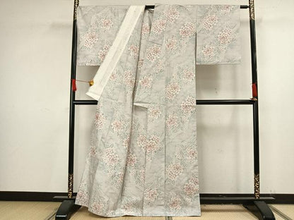 平和屋着物▽上質な紬 単衣 草花文 正絹 逸品 AAAV8360fy