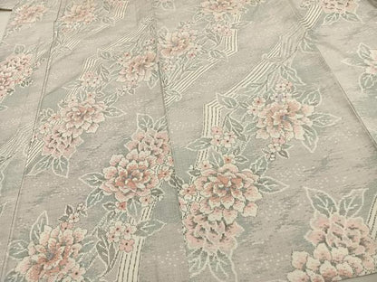 平和屋着物▽上質な紬 単衣 草花文 正絹 逸品 AAAV8360fy