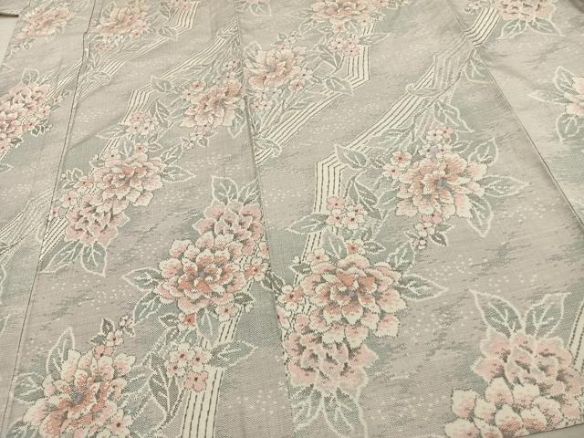 平和屋着物▽上質な紬 単衣 草花文 正絹 逸品 AAAV8360fy