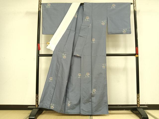 平和屋着物▽上質な紬 単衣 草花文 正絹 逸品 AAAV8363fy