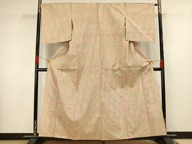 平和屋着物▽上質な紬　単衣　亀甲文　正絹　逸品　AAAV8364fy