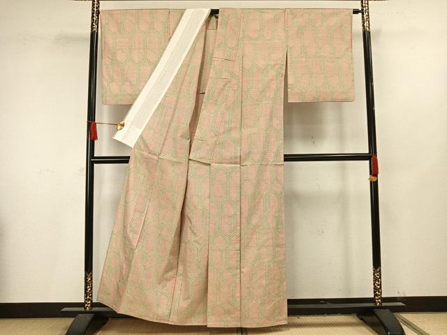 平和屋着物▽上質な紬　単衣　亀甲文　正絹　逸品　AAAV8364fy