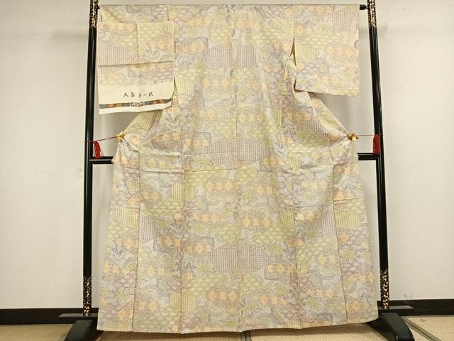 平和屋着物▽本場染大島紬 単衣 切り嵌め文 反端付き 正絹 逸品 AAAV8371fy