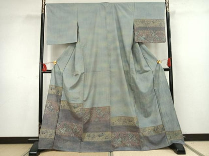 平和屋着物▽小千谷紬 訪問着 単衣 横段草花文 正絹 逸品 未使用 AAAV8374fy