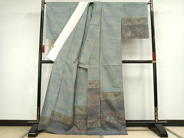 平和屋着物▽小千谷紬 訪問着 単衣 横段草花文 正絹 逸品 未使用 AAAV8374fy