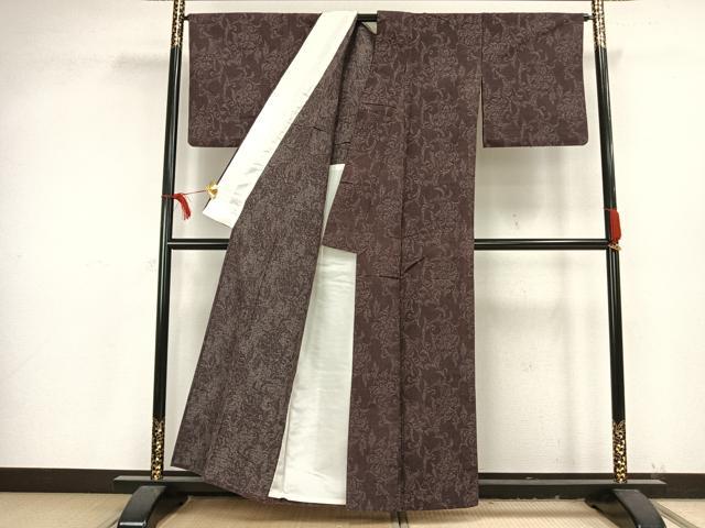 平和屋着物▽上質な紬 単衣 草花文 正絹 逸品 AAAV8378fy