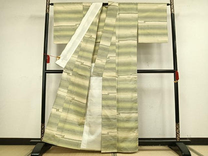 平和屋着物▽上質な紬 単衣 横縞 正絹 逸品 AAAV8379fy