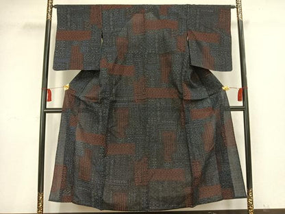 平和屋着物▽結城縮 単衣 幾何学文 正絹 逸品 未使用 AAAV8383fy