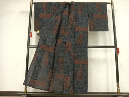 平和屋着物▽結城縮 単衣 幾何学文 正絹 逸品 未使用 AAAV8383fy