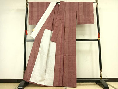 平和屋着物▽上質な紬　単衣　縞　正絹　逸品　AAAV8387fy